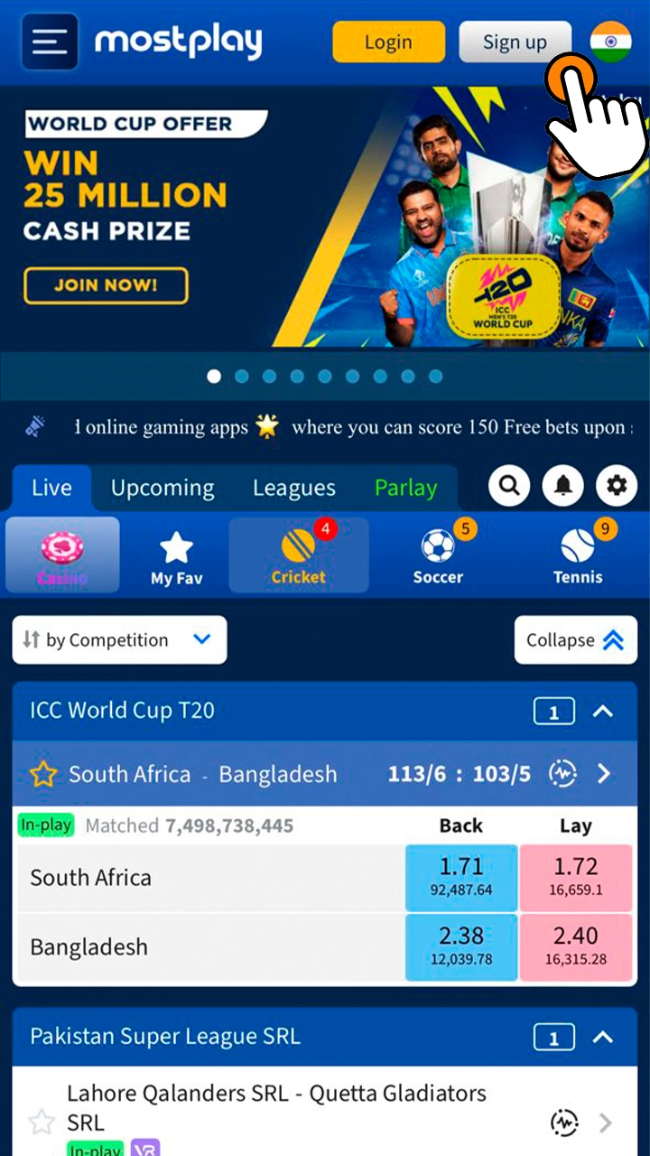 Find the registration button and click on it to register with Mostplay.